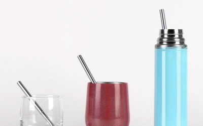 an image of our reusable stainless steel straws at different sizes in 3 different cups. Our re-usable straws extend and fit multiple size cups, glasses, or bottles